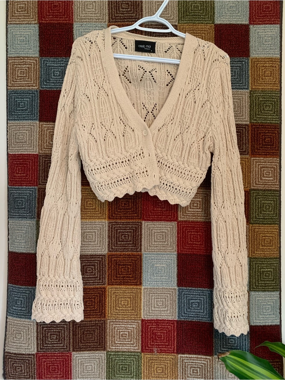 Cest Moi Crochet Knit Cropped Cardigan - Cream